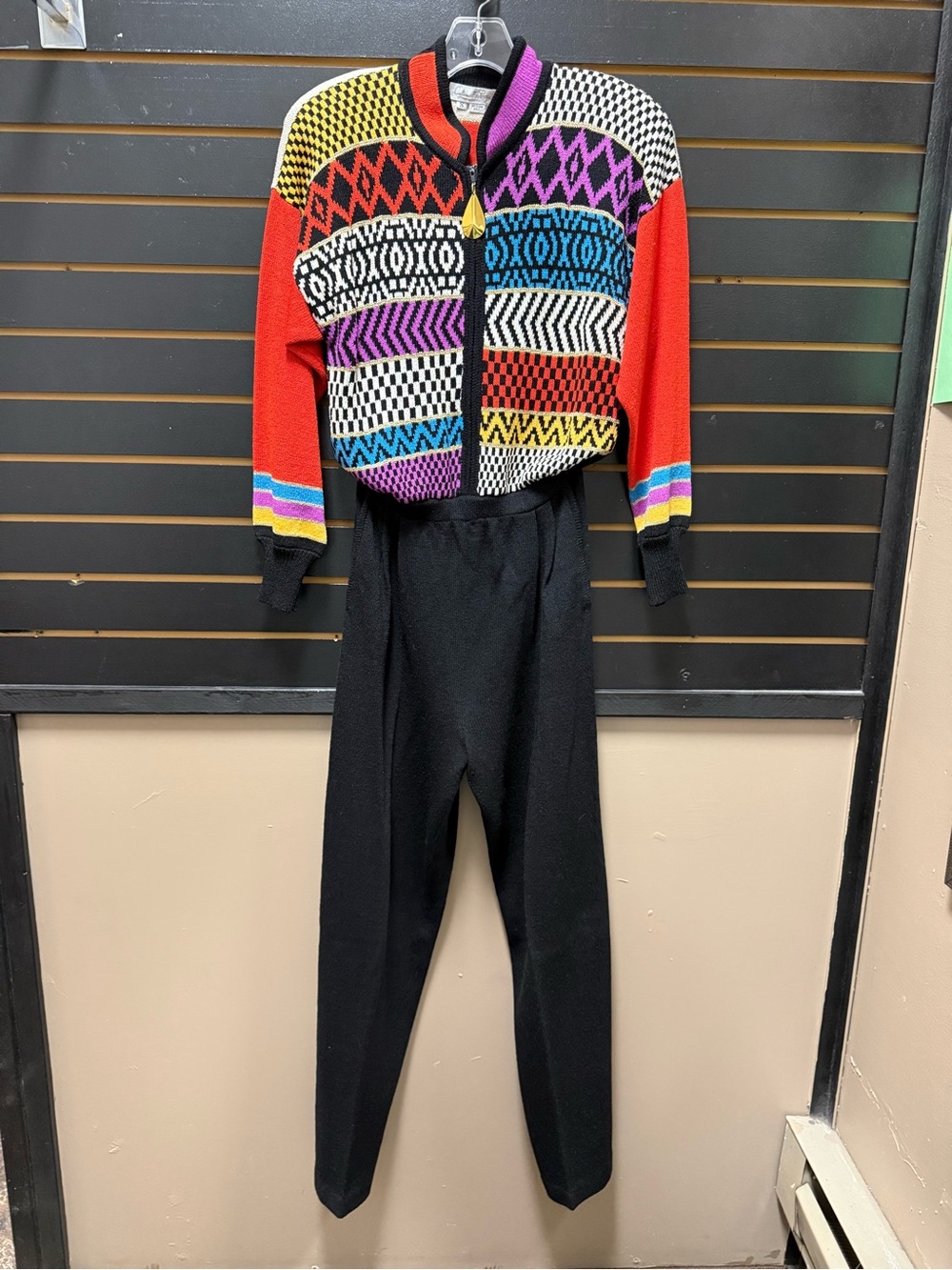 Vintage 80s Antonella Preve Geometric Colorblock Knit Jumpsuit Sz S